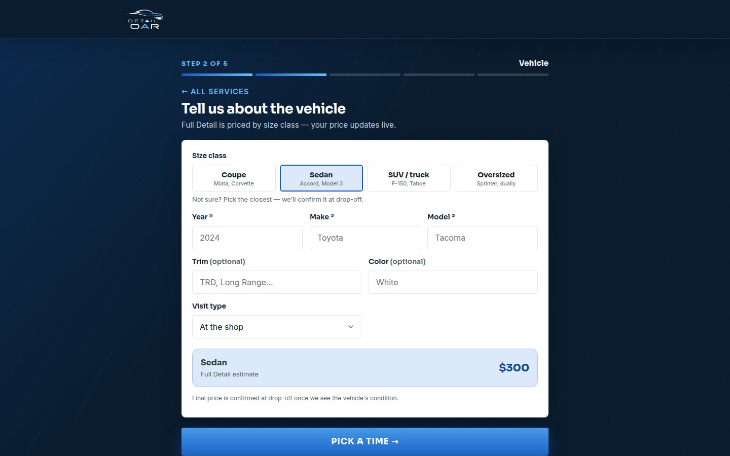 Seeded public DetailOAR booking flow displaying the configured detailing service catalog