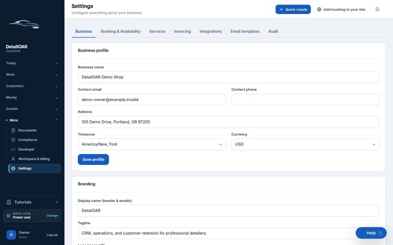 Business Profile settings for workspace contact details, time zone, address, and branding