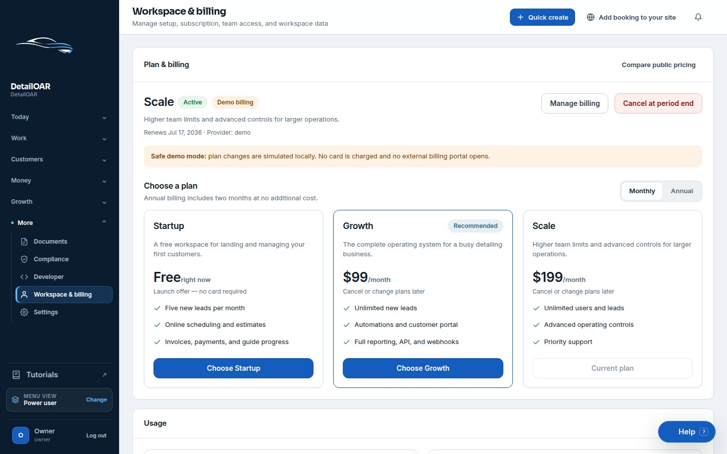 Seeded DetailOAR Workspace and billing screen showing demo plan status and the Startup, Growth, and Scale plan cards.