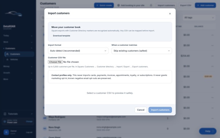 Customer workspace with the CSV import workflow open beside the tenant-scoped customer list