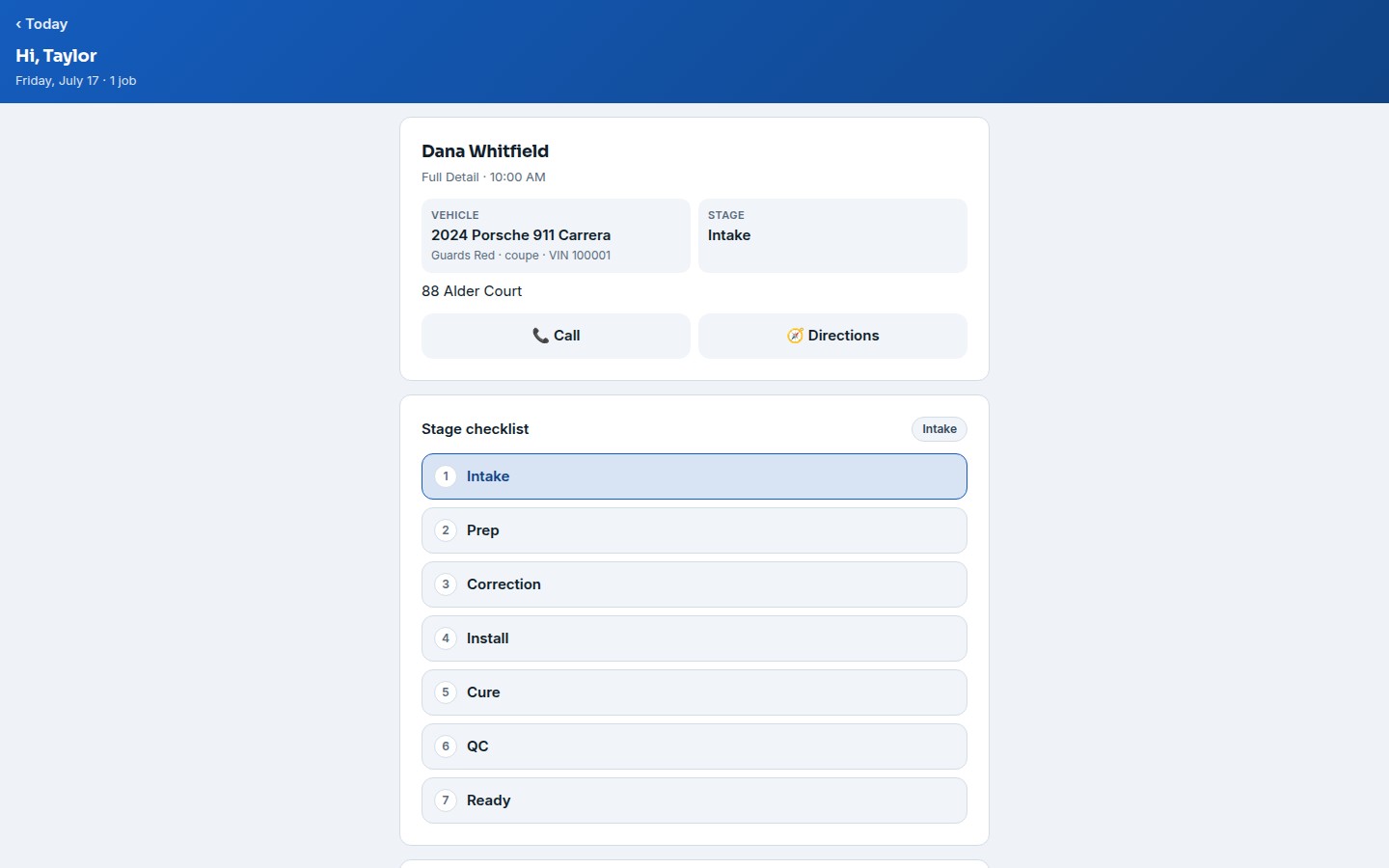 Seeded technician job sheet with vehicle inspection, checklist, and condition controls