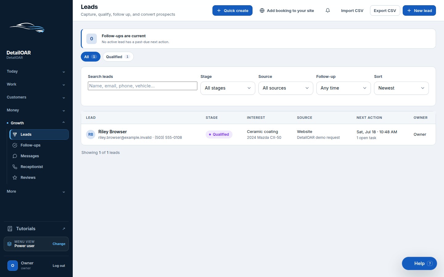 Seeded DetailOAR lead pipeline with stages, sources, and next-action records