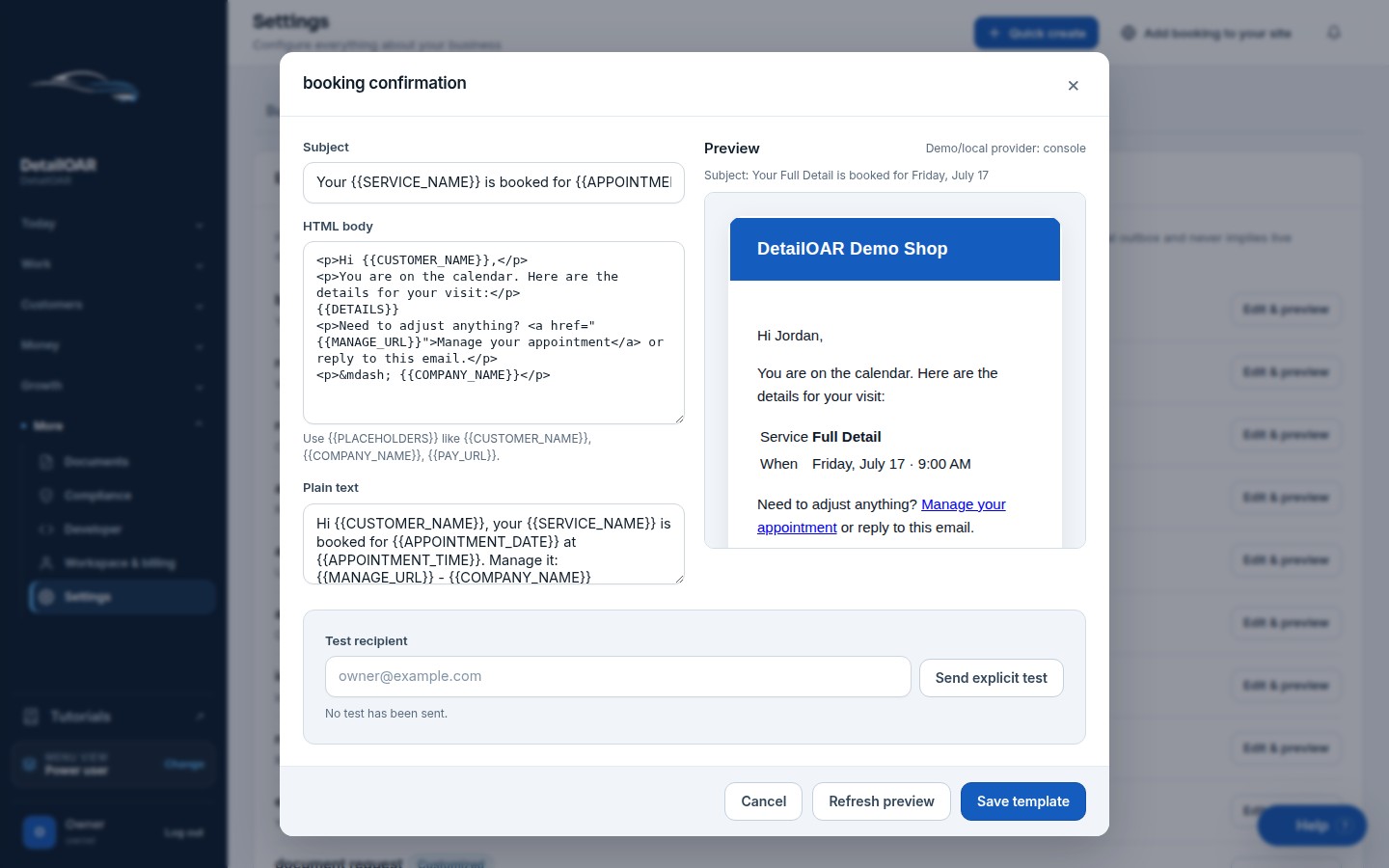 Seeded DetailOAR message template editor with rendered preview and provider state