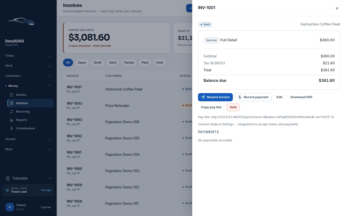 Seeded DetailOAR invoice detail with line items, payment controls, and balance history