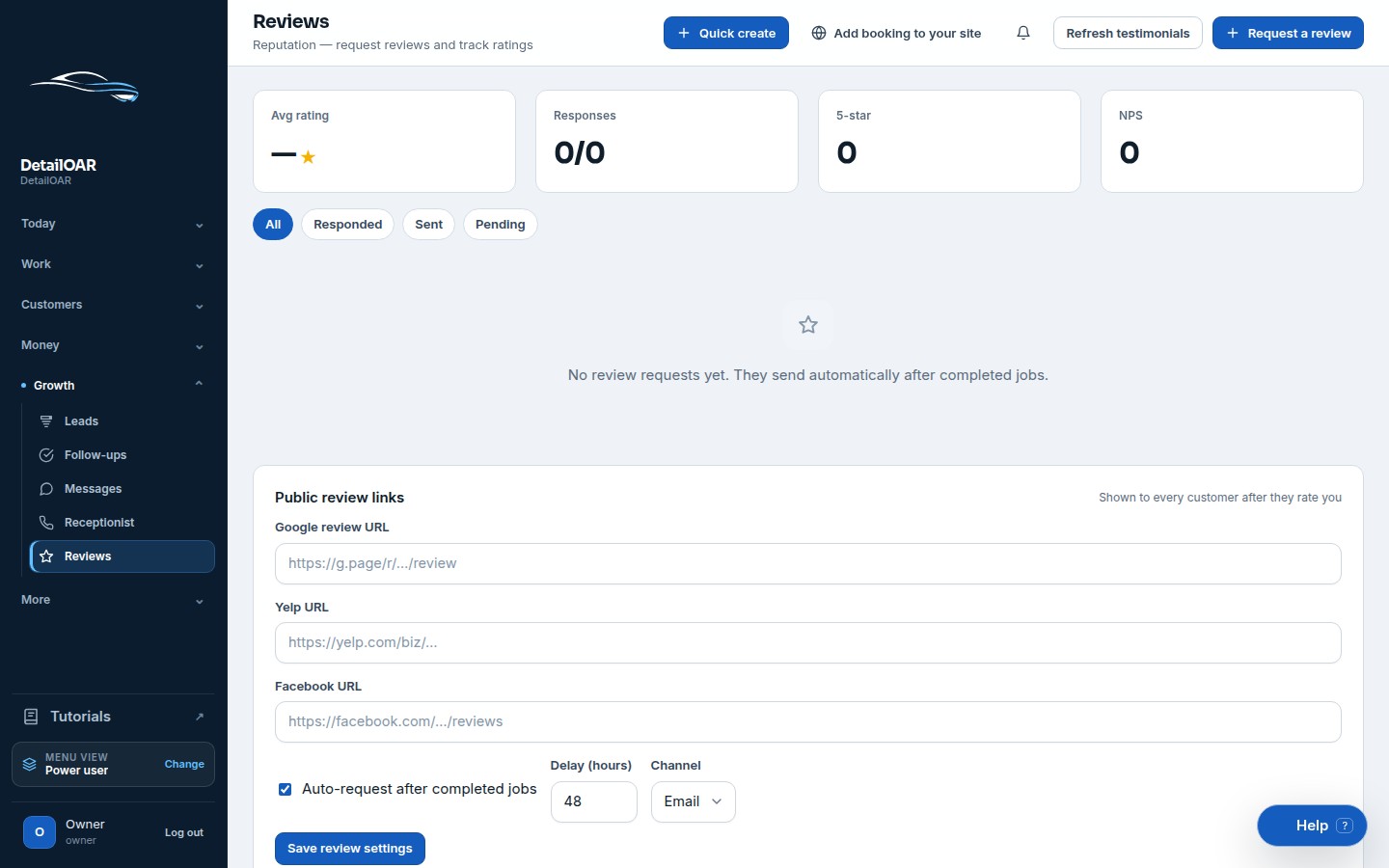 Seeded DetailOAR review workflow with destination, timing, and request settings