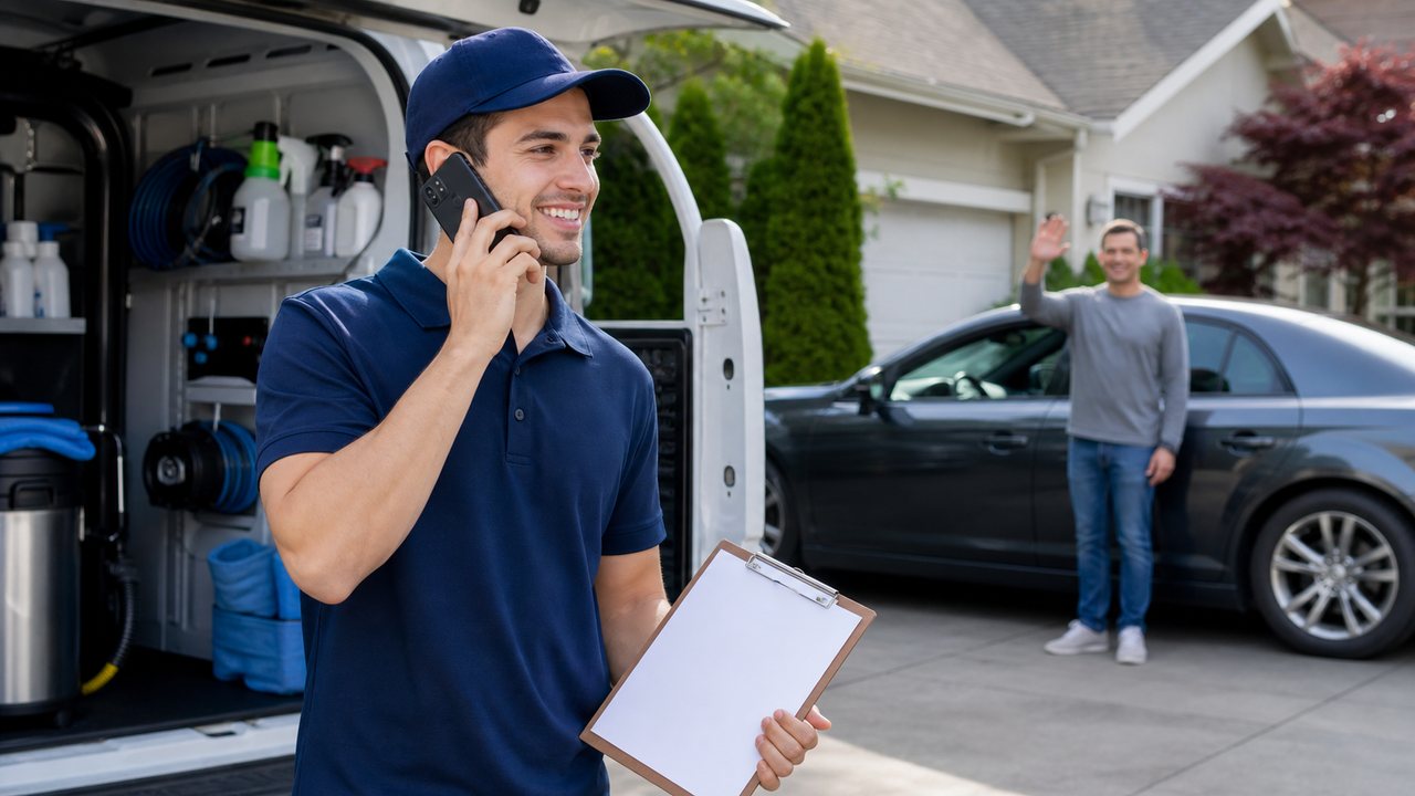 Illustrative generated scene of a mobile detailer answering a new-customer call beside an organized van and arriving vehicle.
